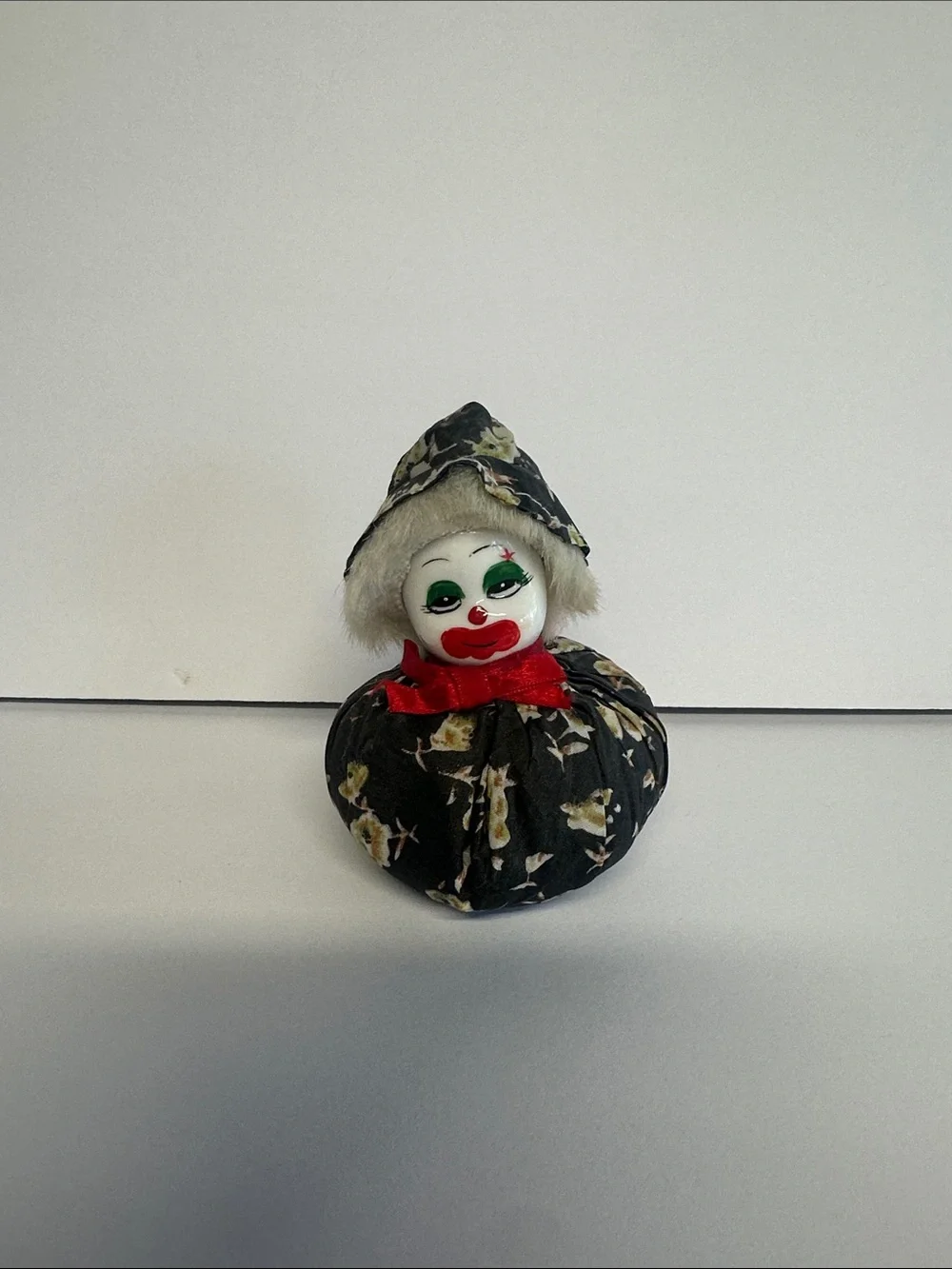 Handmade Clown Doll in Black Floral Fabric with Red Bow
